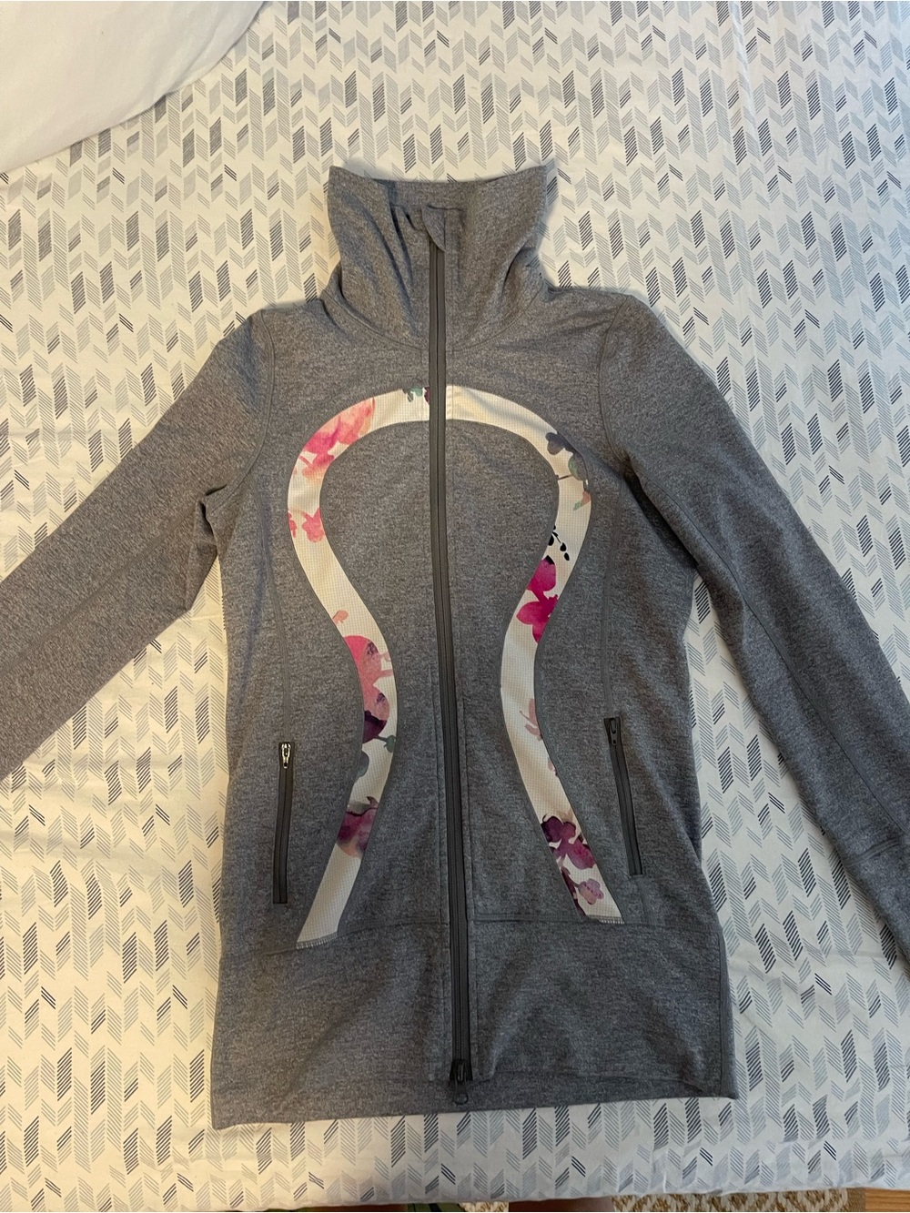Lululemon - like new - Gray Zip-Up Jacket with Floral Logo Detail